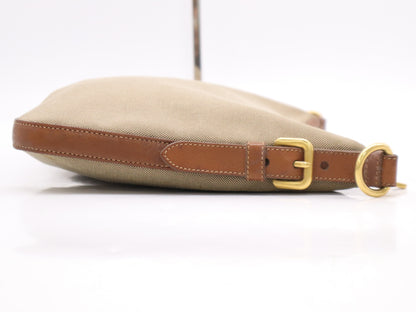 PRADA Leather Jacquard Logo Shoulder Bag in Beige and Brown with GD Hardware, Shoulder Strap, and Name Tag