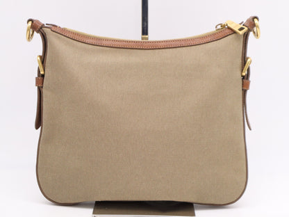 PRADA Leather Jacquard Logo Shoulder Bag in Beige and Brown with GD Hardware, Shoulder Strap, and Name Tag