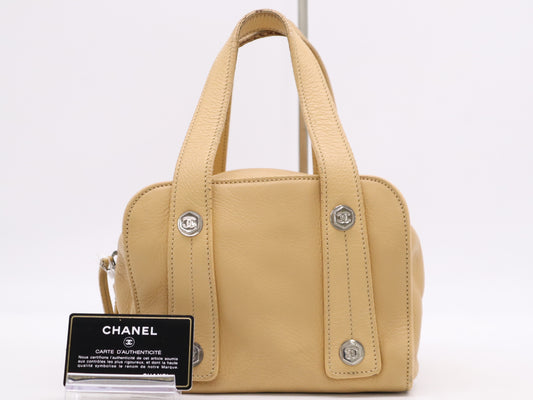 CHANEL Leather Coco Mark Bolt Handbag, Beige, Silver Hardware, Sticker, Card Included, 10101512 Handbag