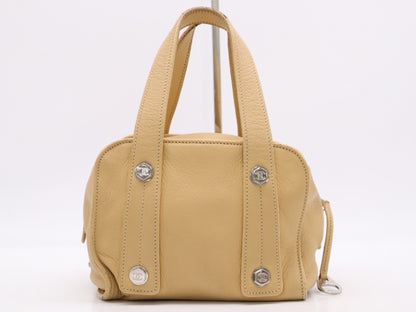 CHANEL Leather Coco Mark Bolt Handbag, Beige, Silver Hardware, Sticker, Card Included, 10101512 Handbag