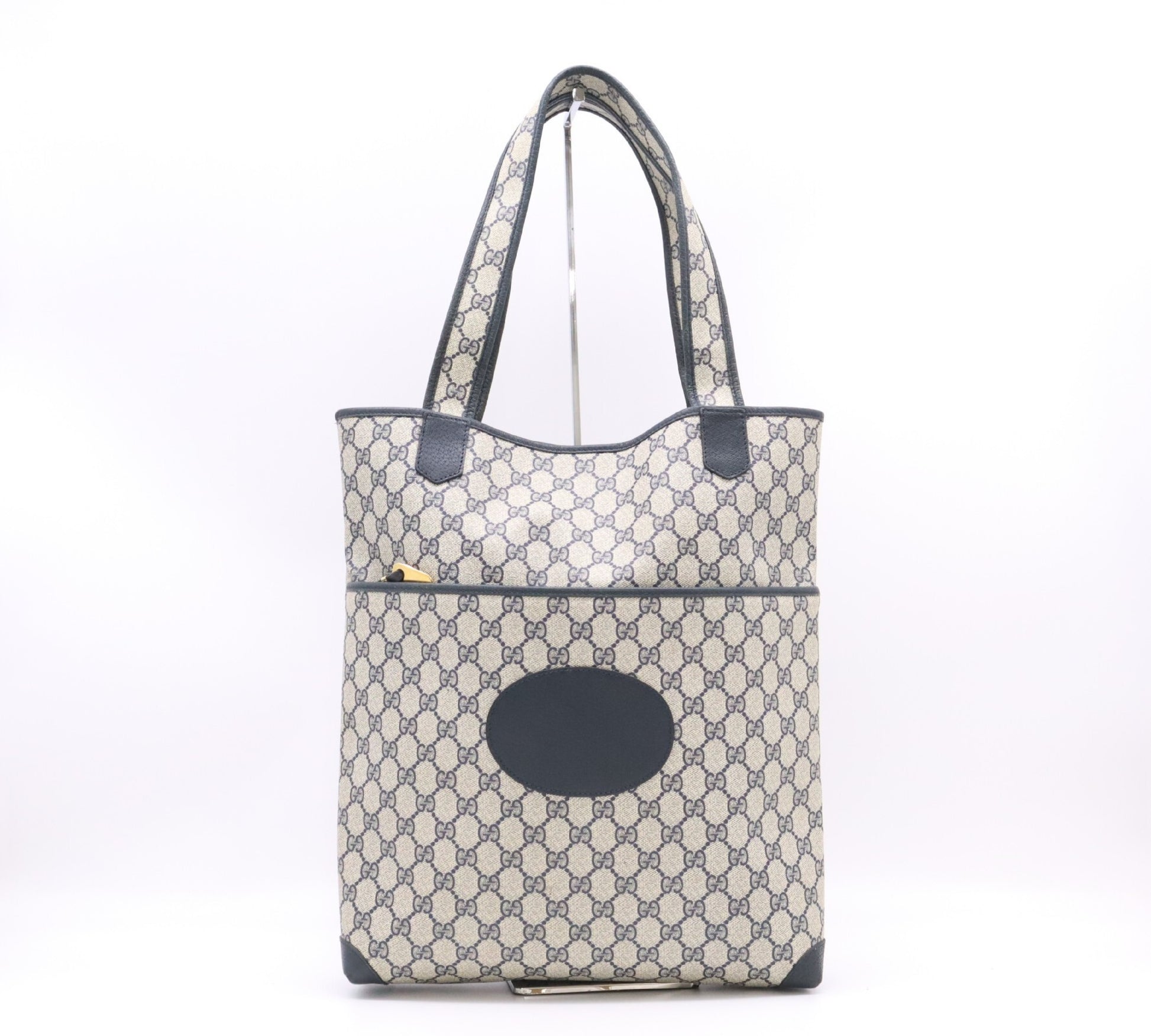 GUCCI 002, 39, 0054 GG Supreme x Leather Tote Bag Khaki Navy Tote Bag