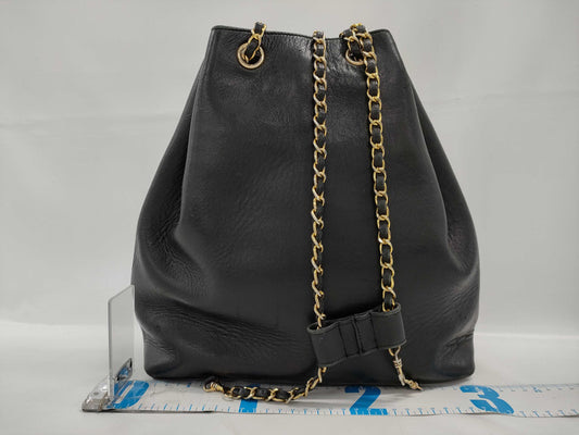 CHANEL Lambskin Drawstring Chain Shoulder Bag Black Backpack