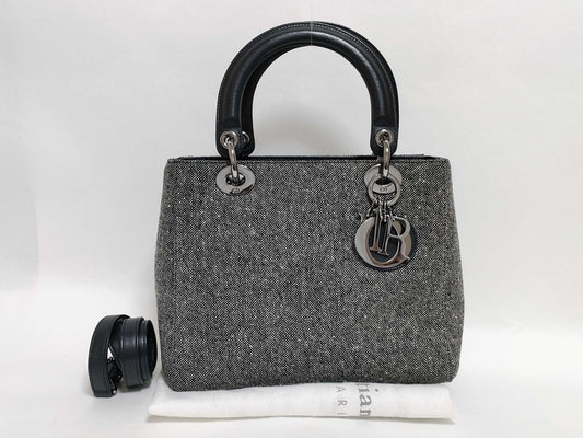 Dior Lady Dior Cannage Canvas Handbag Wool Handbag