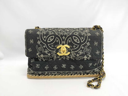 CHANEL Chanel Bandana Print Matelasse Coco Mark Turnlock Black Gold Cotton Shoulder Bag 2nd Series