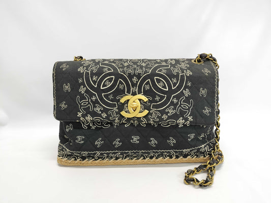 CHANEL Chanel Bandana Print Matelasse Coco Mark Turnlock Black Gold Cotton Shoulder Bag 2nd Series