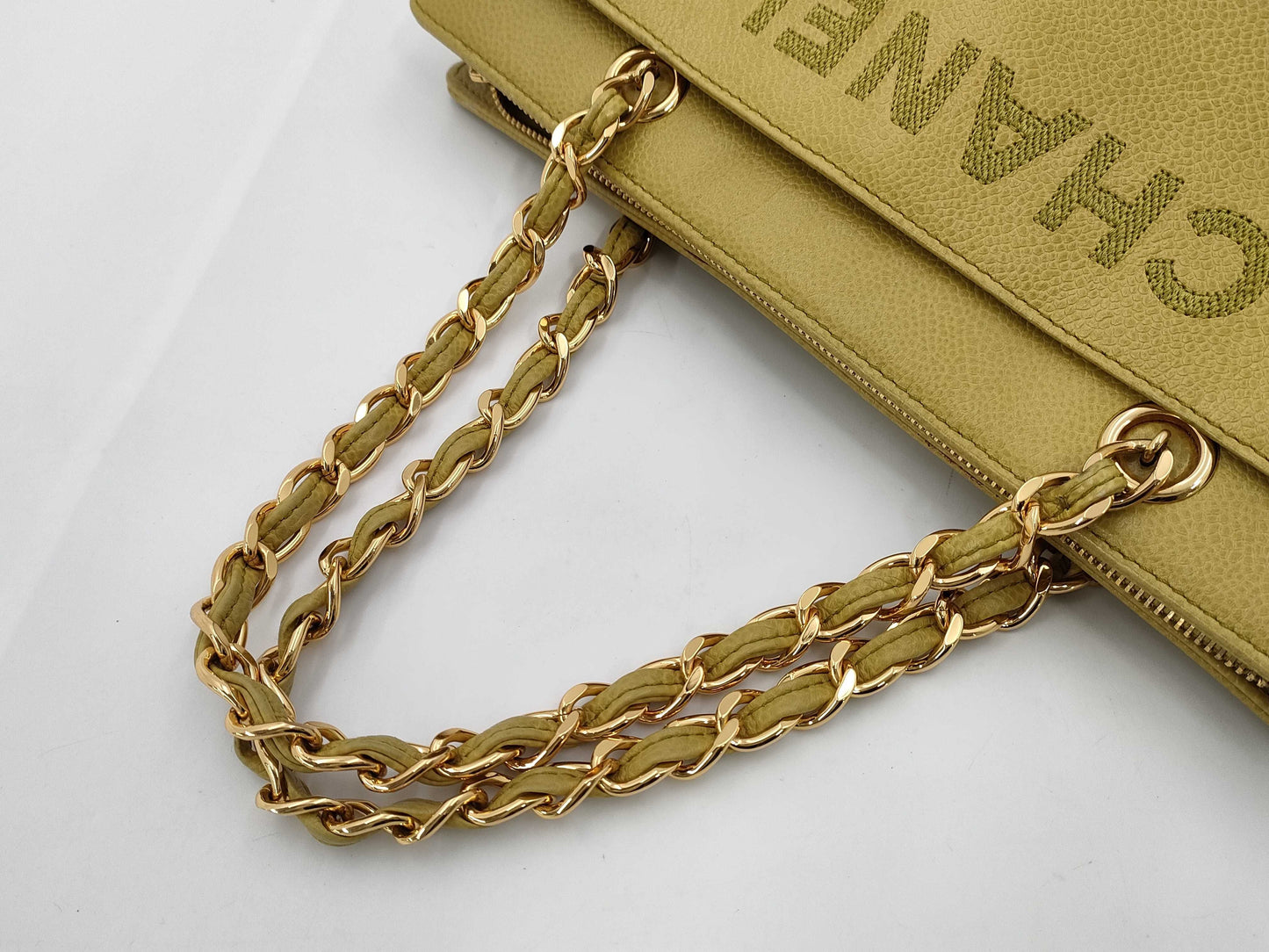 CHANEL Caviar Skin CHANEL Logo Double Chain Tote Bag #5