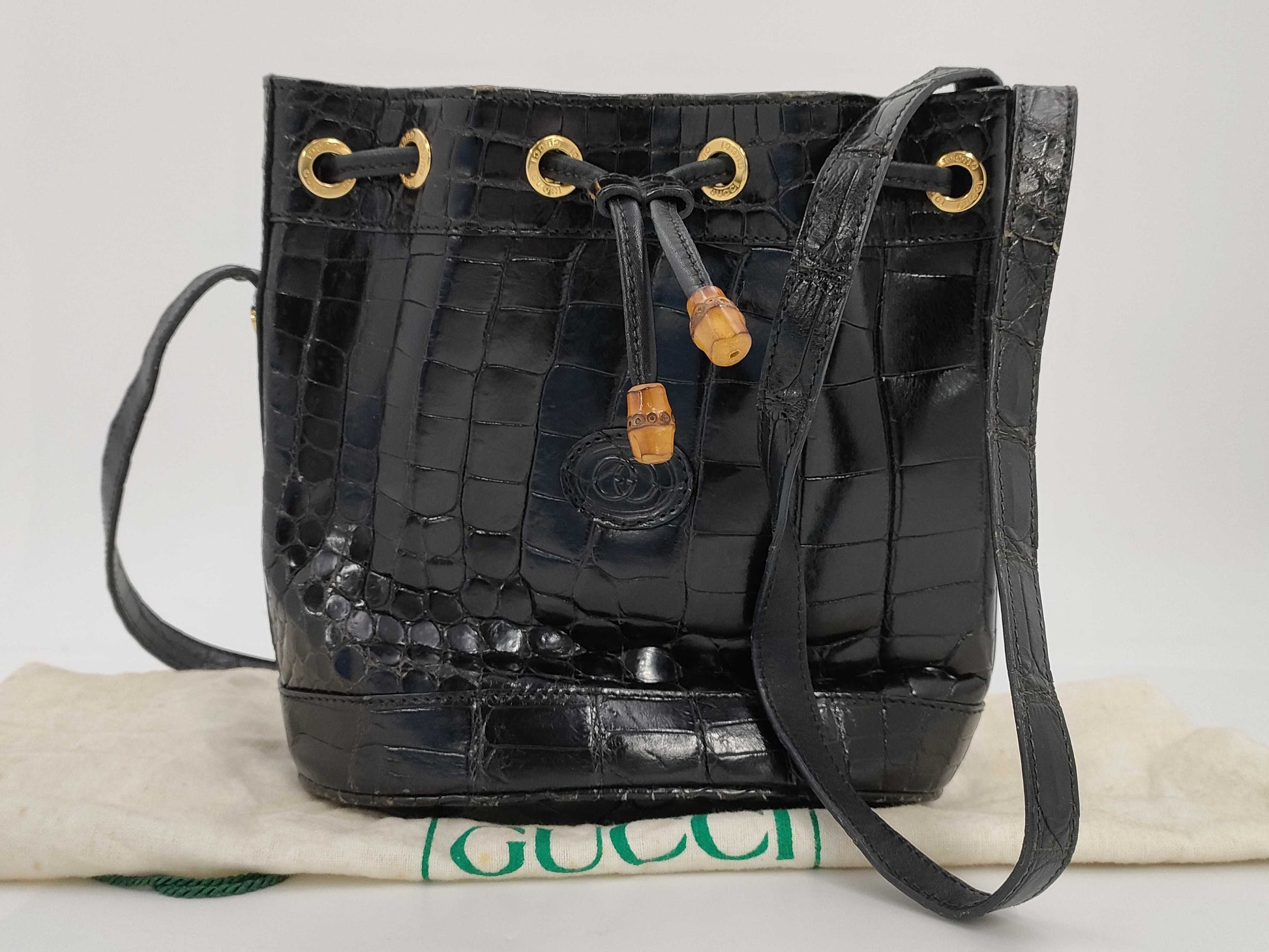 GUCCI Crocodile Bamboo Mini Drawstring Shoulder Bag Black Shoulder Bag