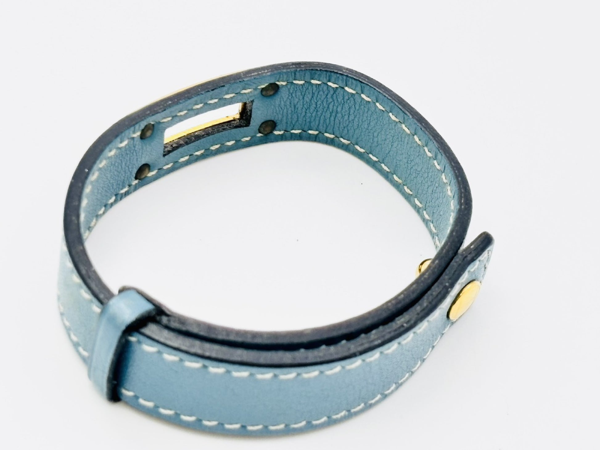 HERMES Kelly Leather Bracelet, Blue Jean, Engraved with I Stamp