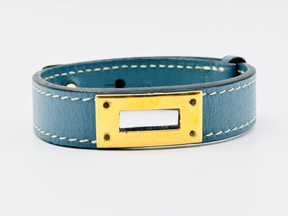 HERMES Kelly Leather Bracelet, Blue Jean, Engraved with I Stamp