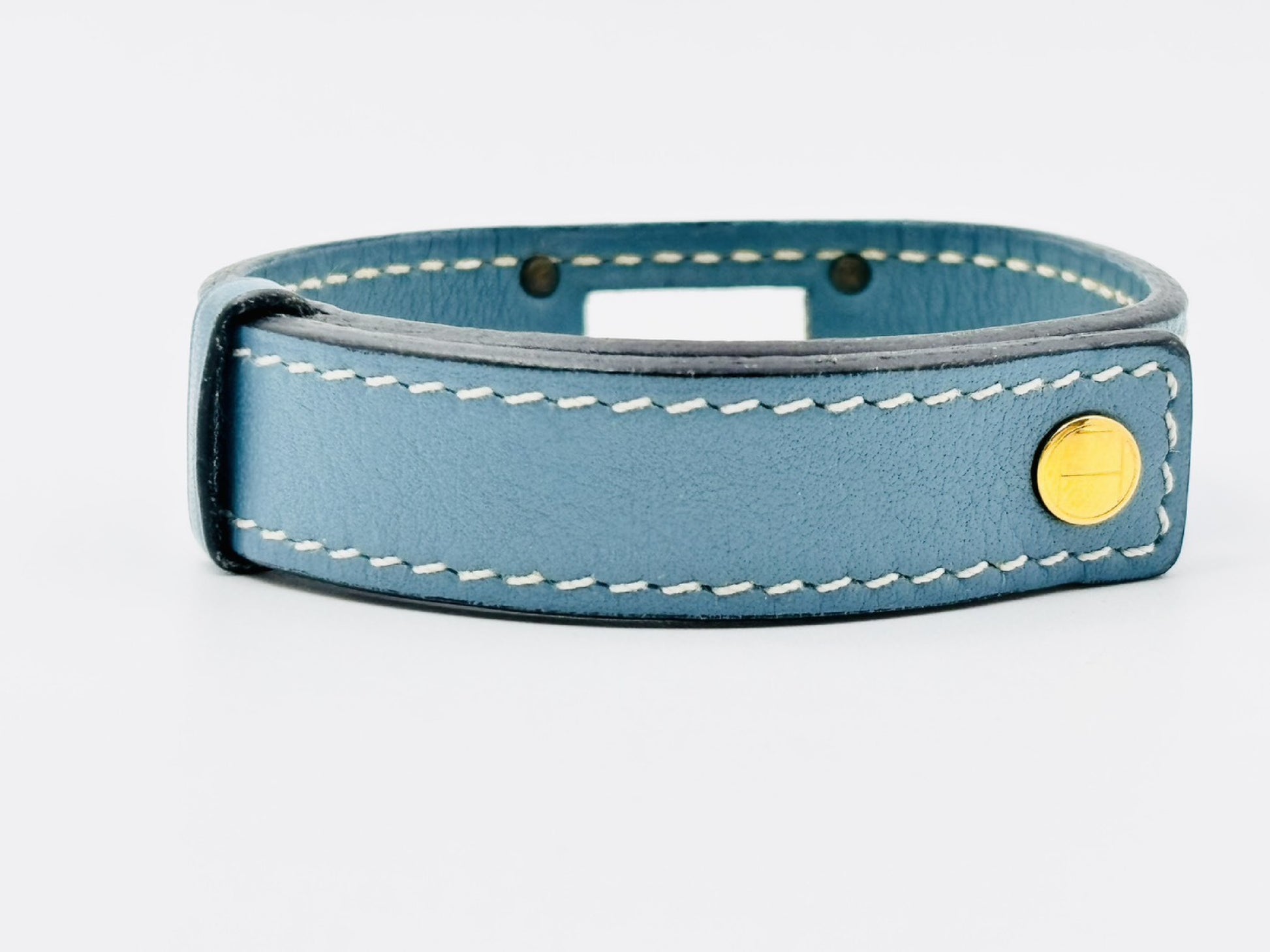 HERMES Kelly Leather Bracelet, Blue Jean, Engraved with I Stamp