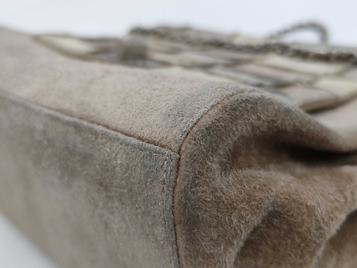 CHANEL Chocobar Chain Shoulder Bag, Suede with Silver Hardware, Beige, 6275774