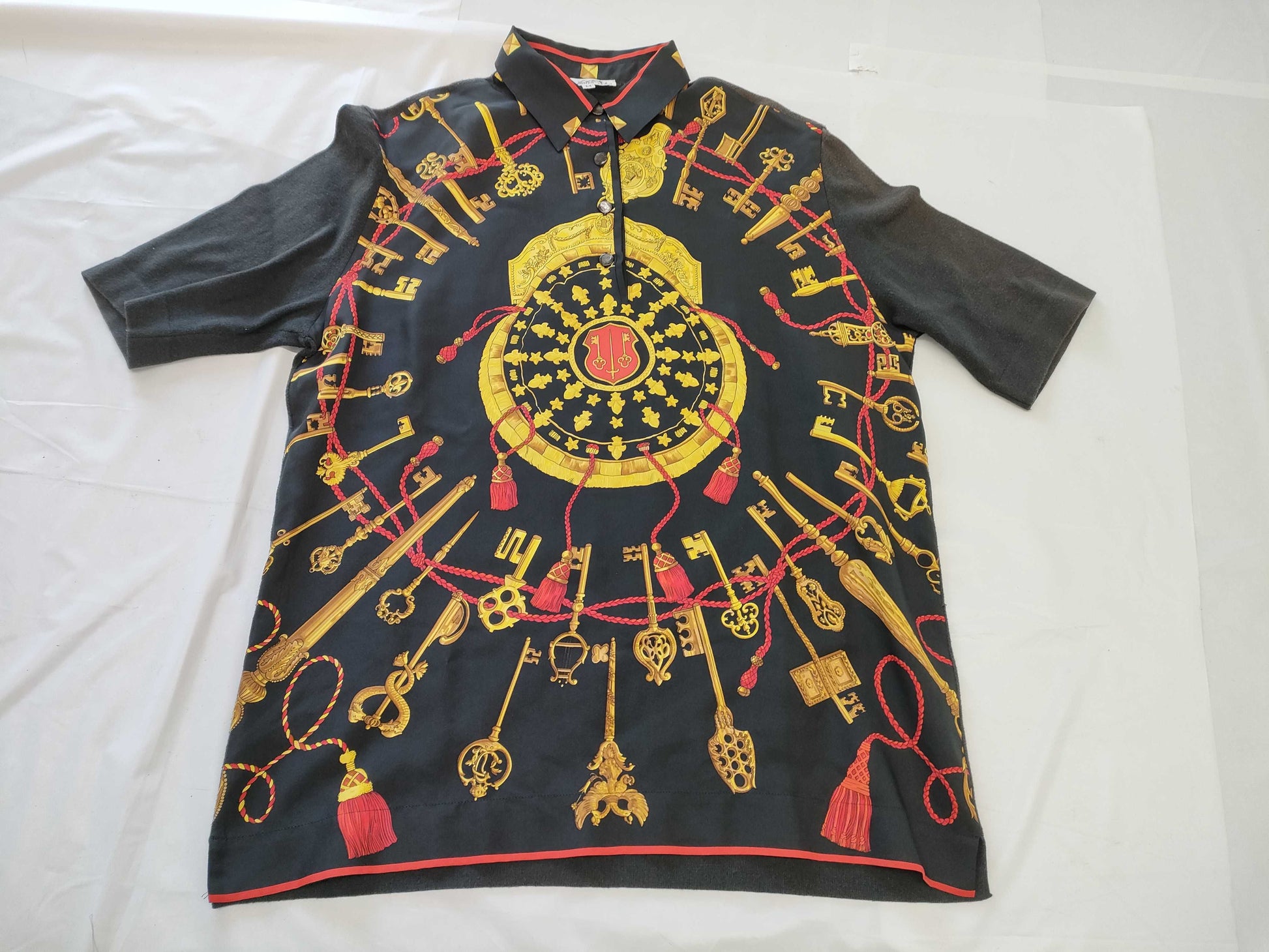 HERMES Silk Polo Shirt, Black x Yellow, Size M, Tops