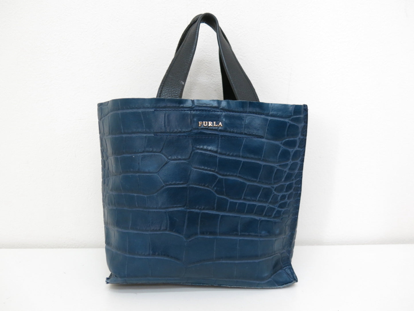 FURLA FURLA Crocodile Embossed Leather Tote Bag Navy