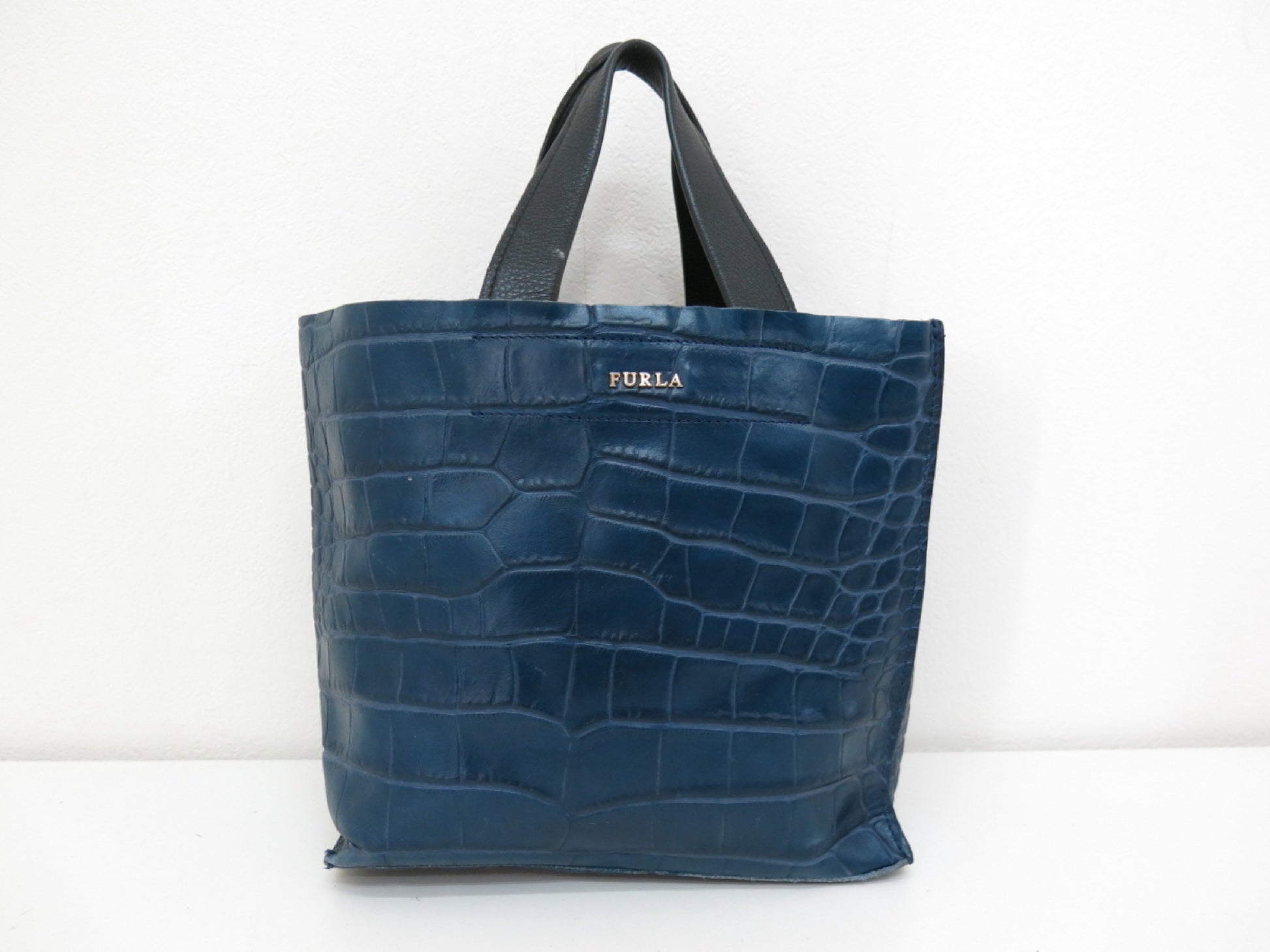 FURLA FURLA Crocodile Embossed Leather Tote Bag Navy