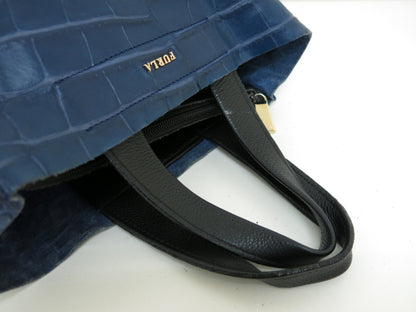 FURLA FURLA Crocodile Embossed Leather Tote Bag Navy