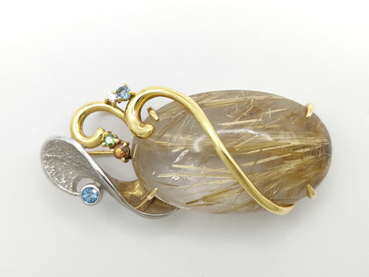 Muneaki Tamura Quartz 57.54ct, Colored Stone Multi D0.03ct, K18/K18WG 21.5g Brooch 