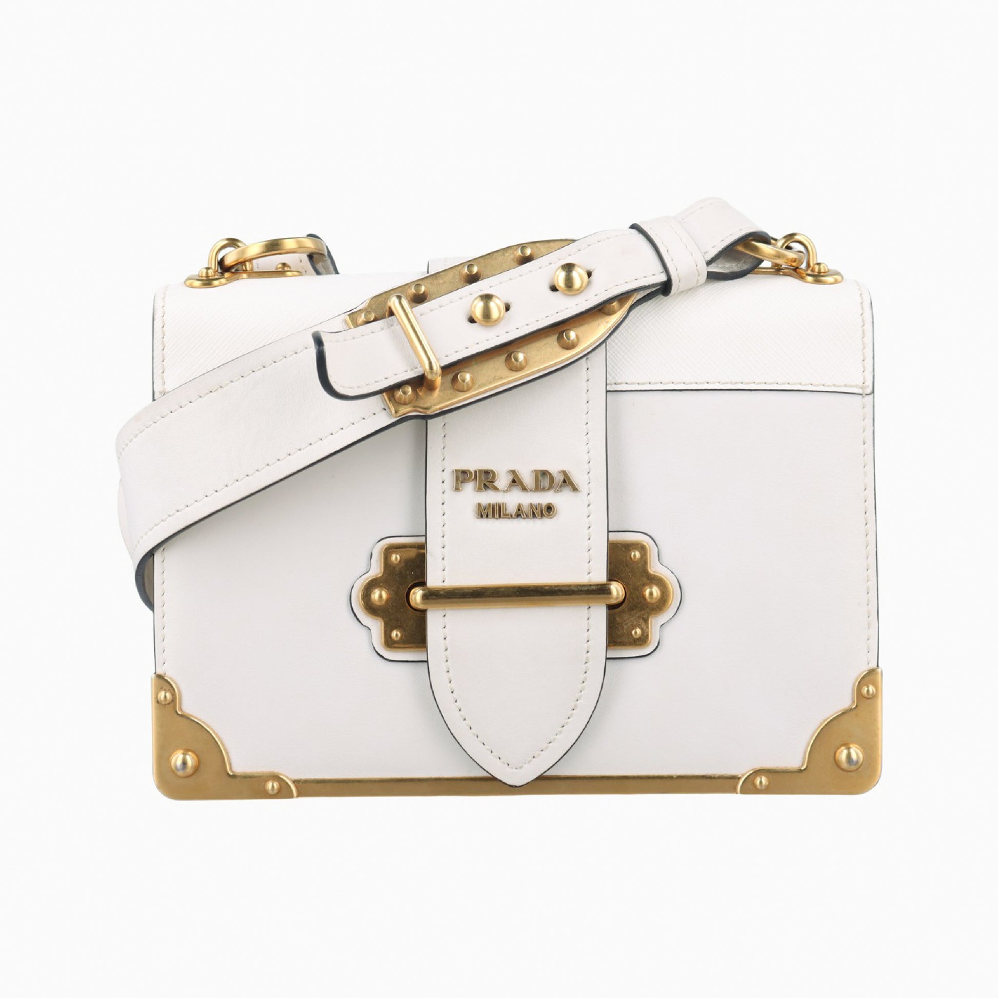PRADA Cahier White Leather and Saffiano Leather Shoulder Bag 1BD095 25