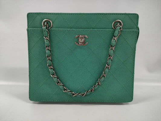CHANEL Chain Handbag Caviar Skin Green Tote Bag