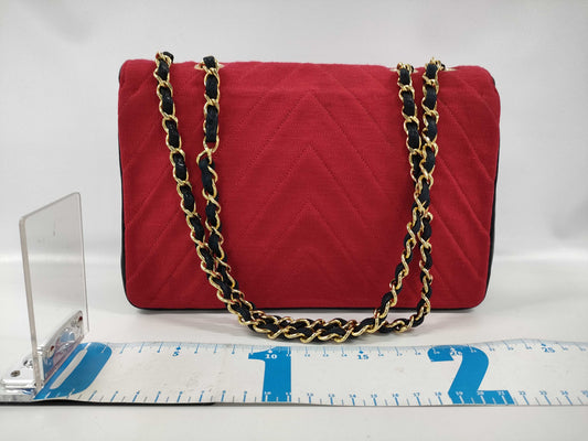 CHANEL Matelasse V-Stitch Chain Shoulder Bag, Cotton, Red