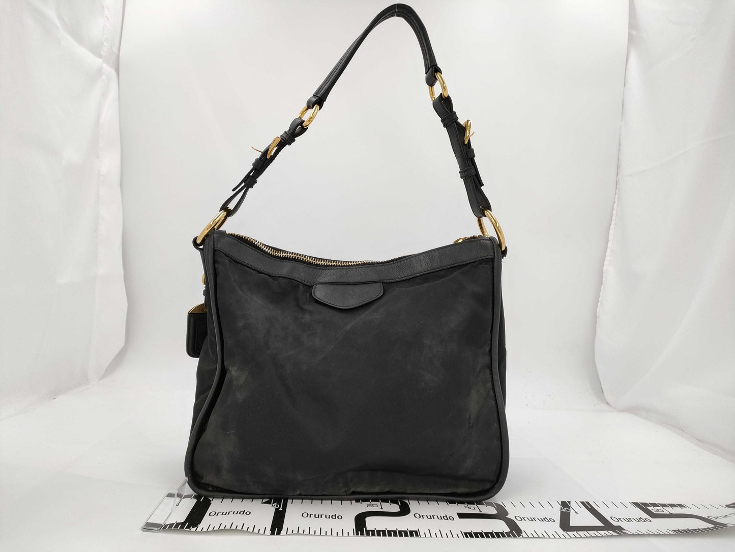 PRADA Tessuto nylon and leather one-shoulder bag with name tag