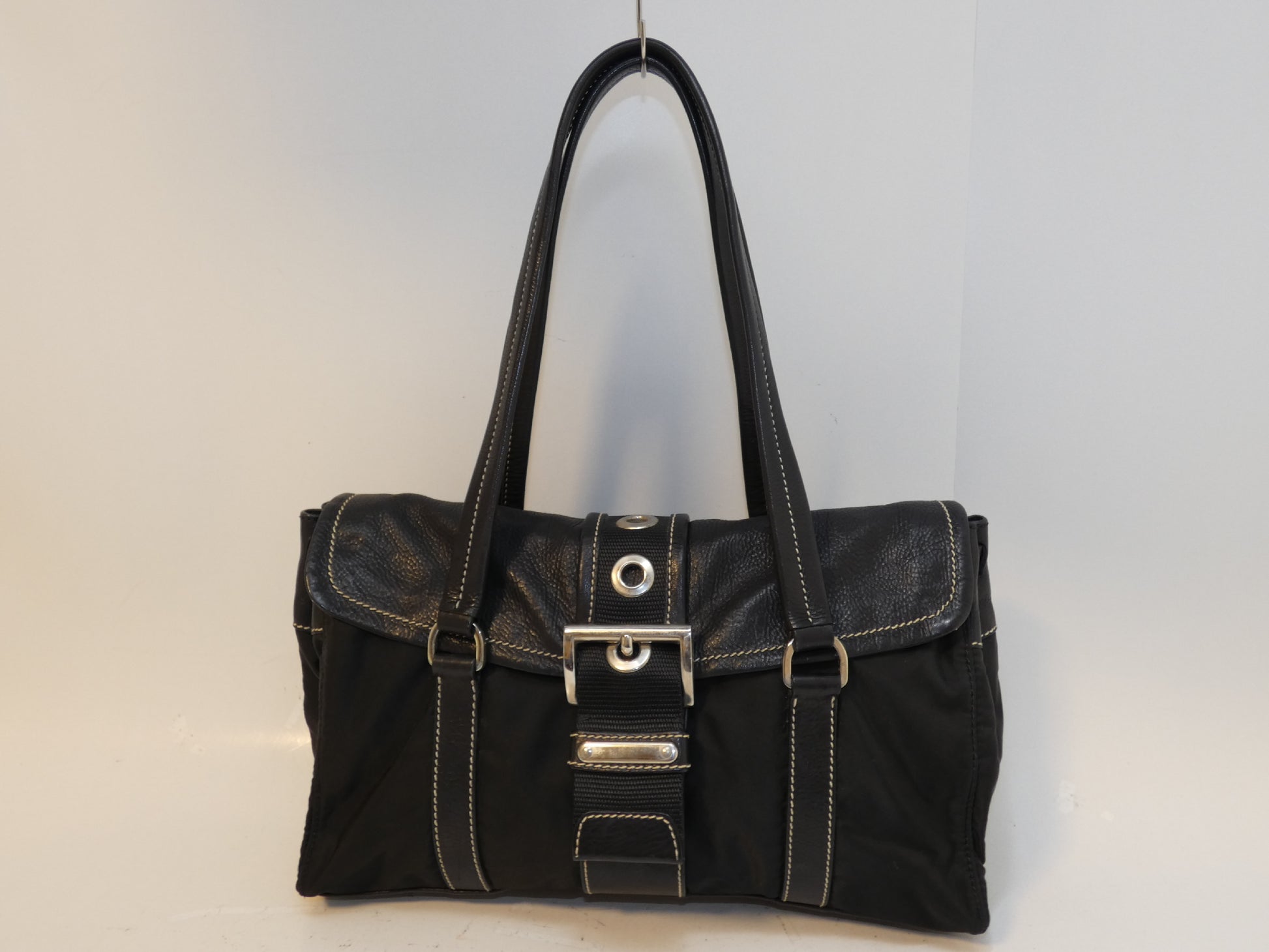 PRADA Front Belt Nylon Leather Black Hand Tote Bag