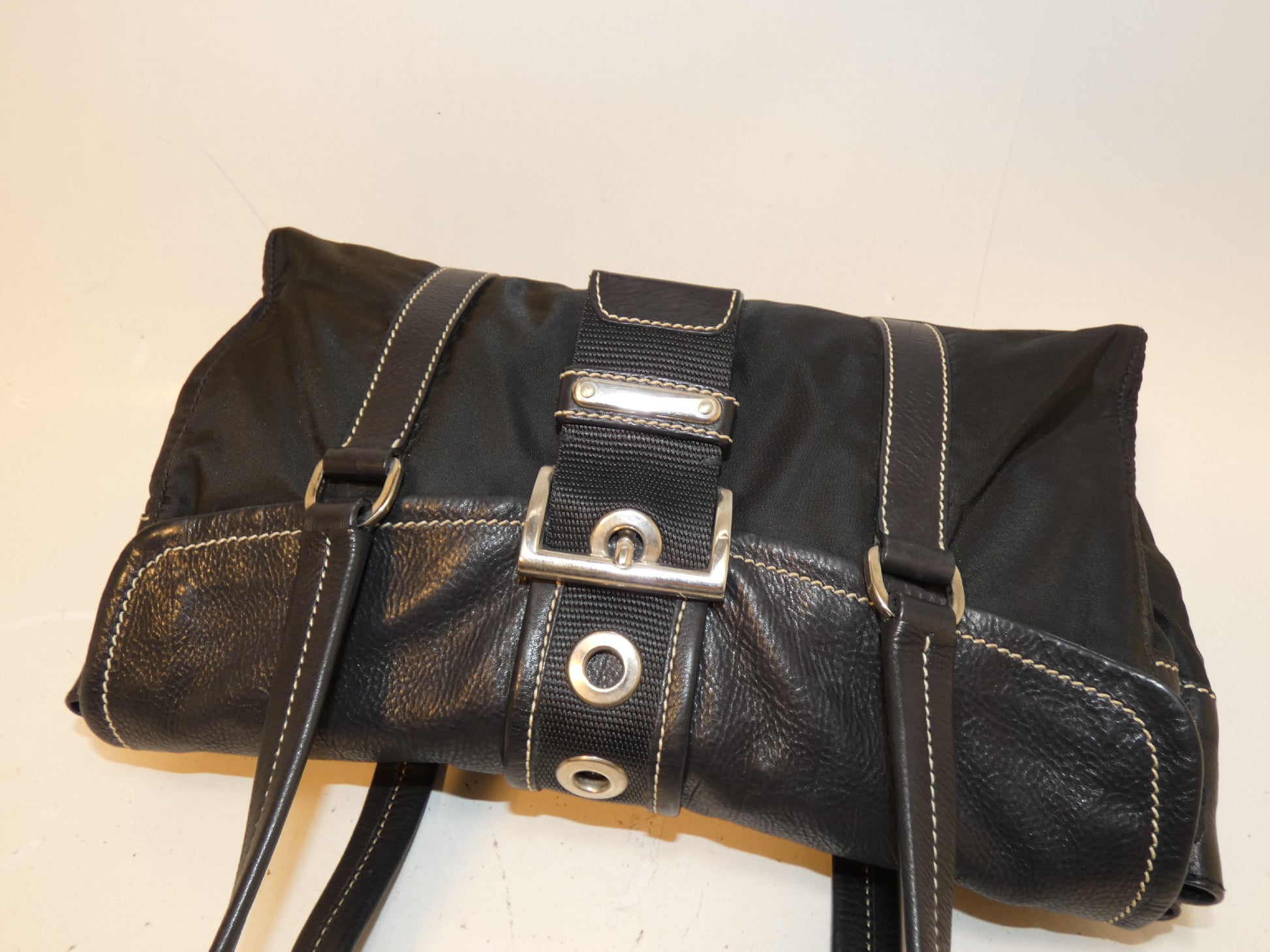 PRADA Front Belt Nylon Leather Black Hand Tote Bag