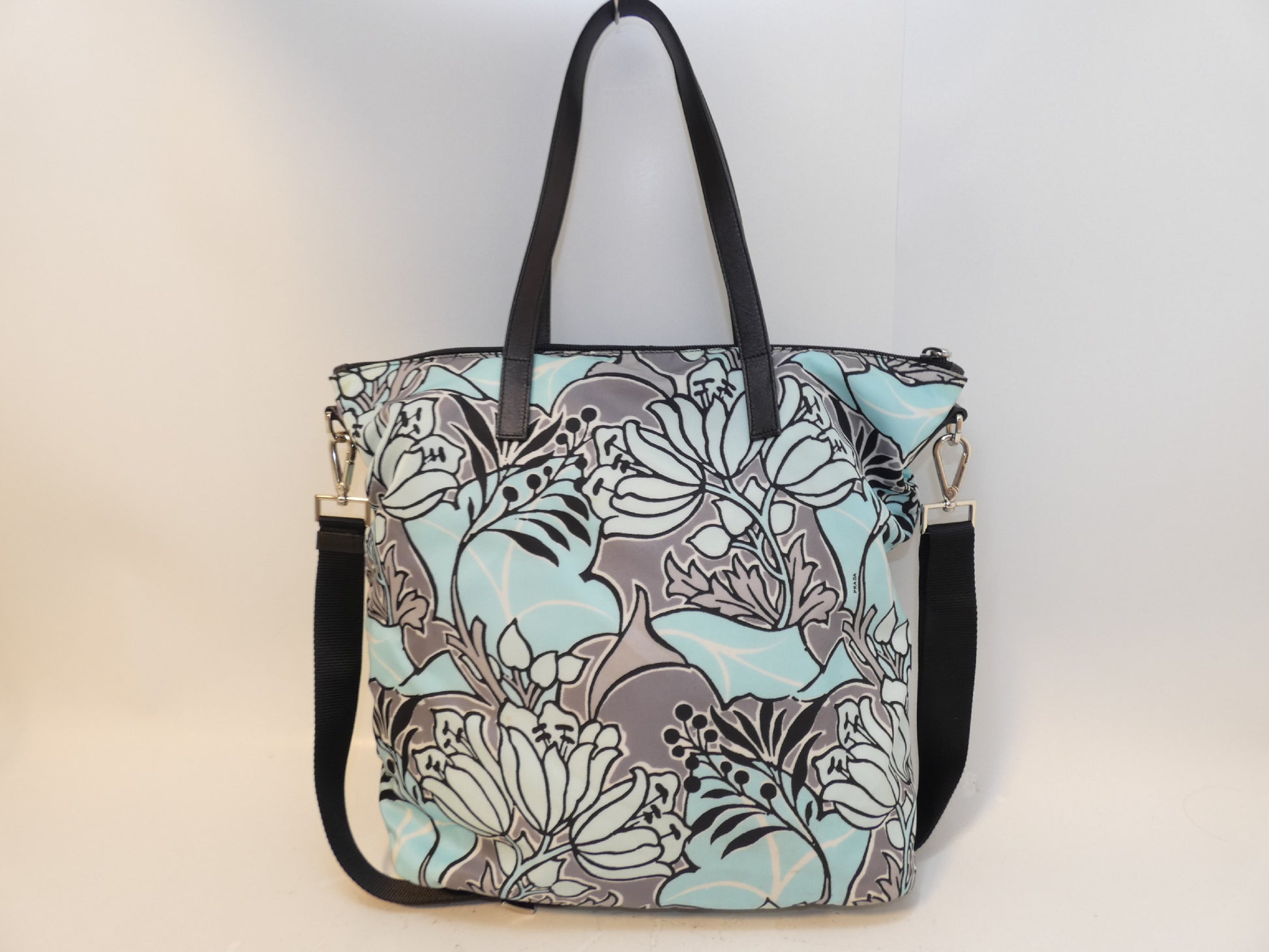 PRADA 2-way Triangle Plate Nylon Floral Print Hand Shoulder Tote Bag