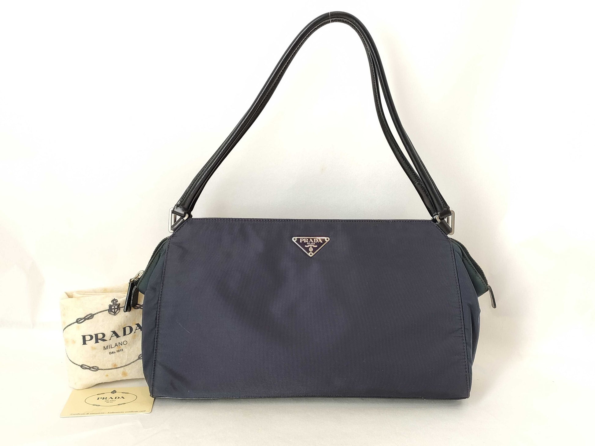 PRADA B11095 Nylon Semi-Shoulder Bag, Handbag, Tote Bag, Nylon Triangle Plate, Navy Blue