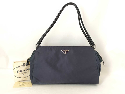 PRADA B11095 Nylon Semi-Shoulder Bag, Handbag, Tote Bag, Nylon Triangle Plate, Navy Blue