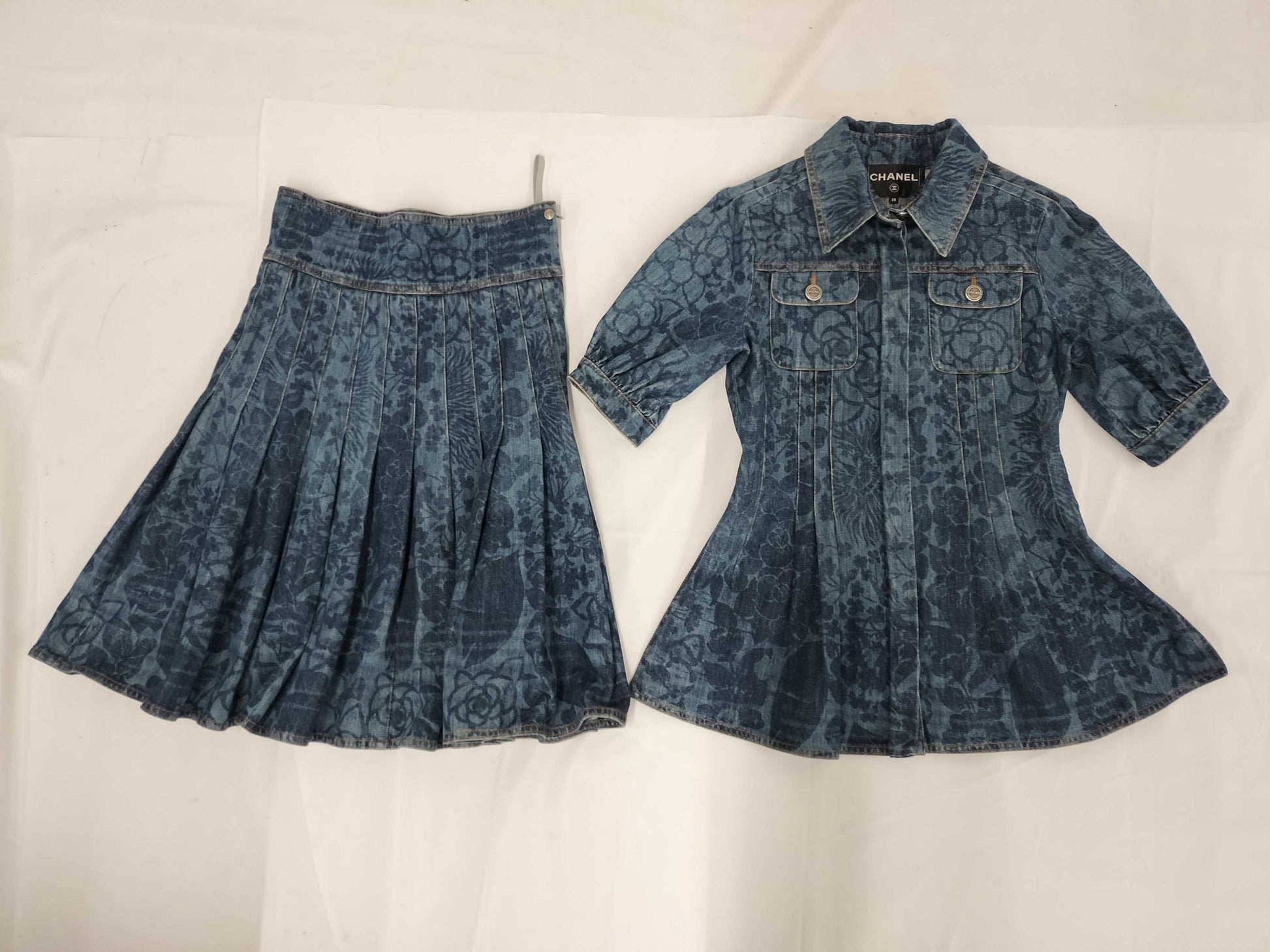 CHANEL P53 Set, Denim Jacket and Skirt, All-Over Print, Coco Mark, Camellia, Size 38, Other Apparel