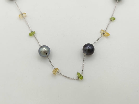 Pearl, Diameter: Approx. 8.6-10.6mm, Citrine, Peridot, 18.4g, 18K White Gold Necklace 