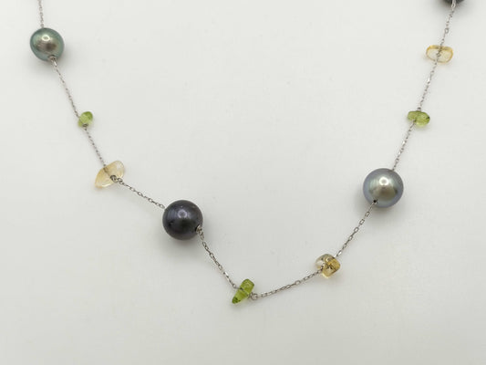 Pearl, Diameter: Approx. 8.6-10.6mm, Citrine, Peridot, 18.4g, 18K White Gold Necklace 