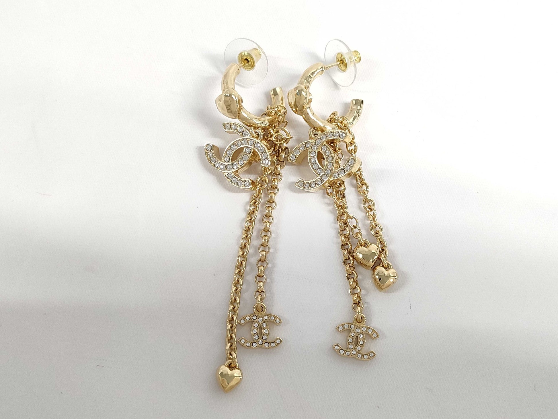 CHANEL CC Mark Rhinestone Heart Earrings, Gold Plated, B23P
