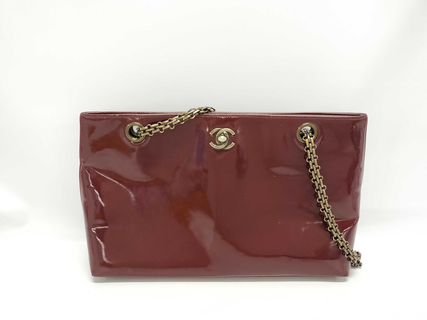 CHANEL Enamel Chain Shoulder Bag with Turn Lock, Red