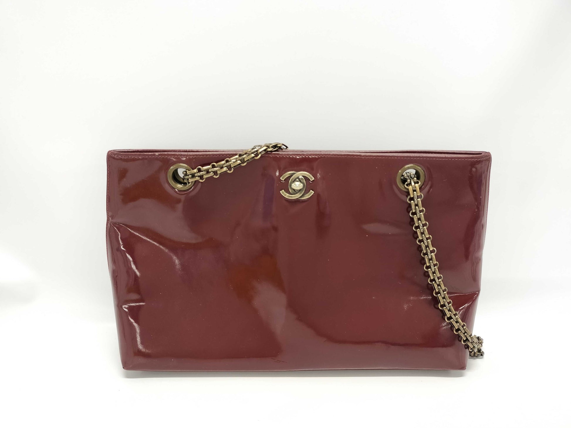 CHANEL Enamel Chain Shoulder Bag with Turn Lock, Red