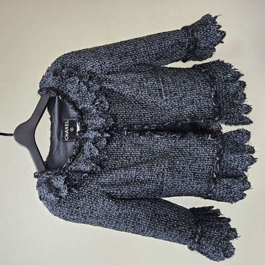 CHANEL CHANEL Fringed Tweed Jacket Dark Gray Size 38 Jacket