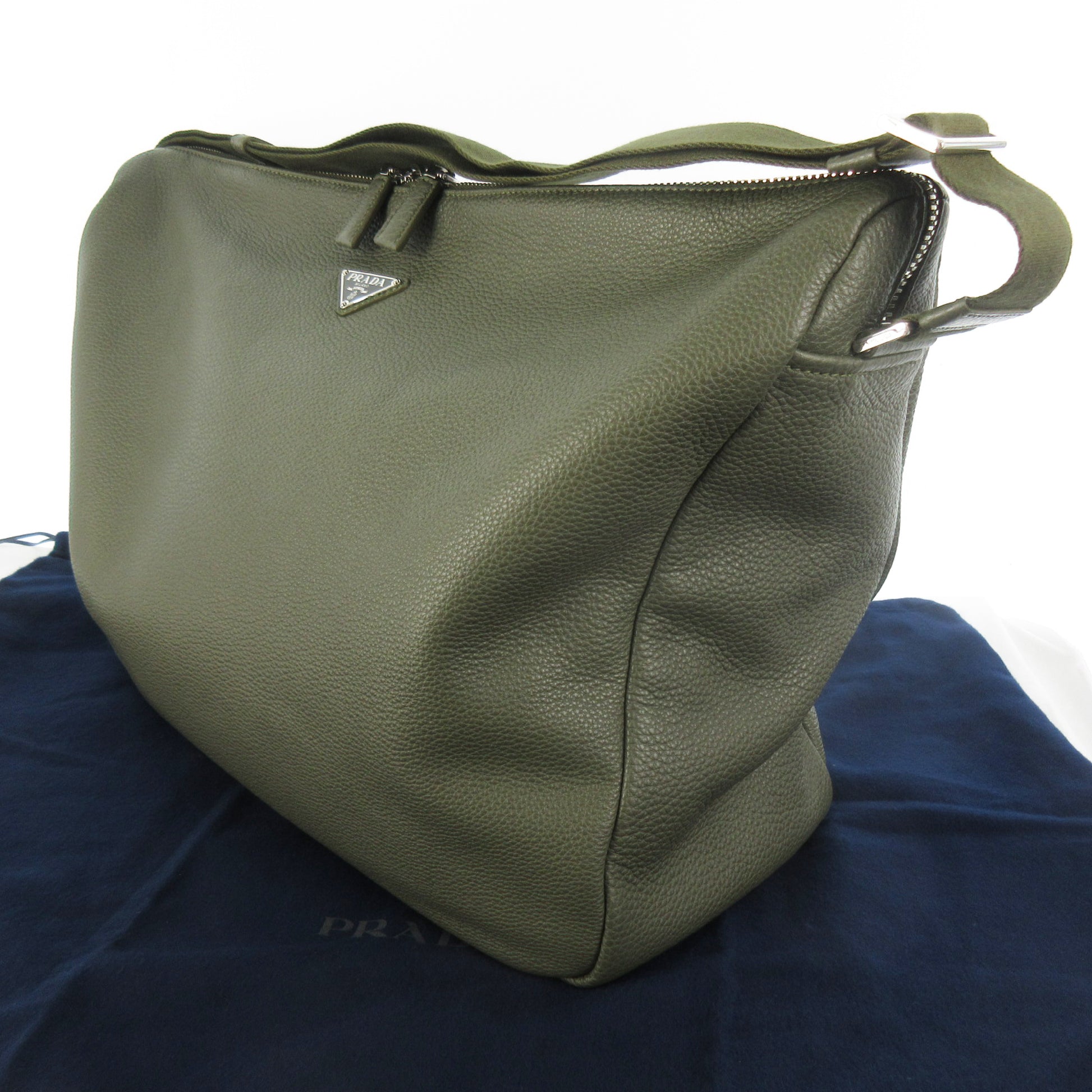 PRADA Unused 2025 Spring/Summer Vitello Dino Large Leather Tote Bag Khaki, 40cm Wide, Triangle Logo, RFID Tag Verified
