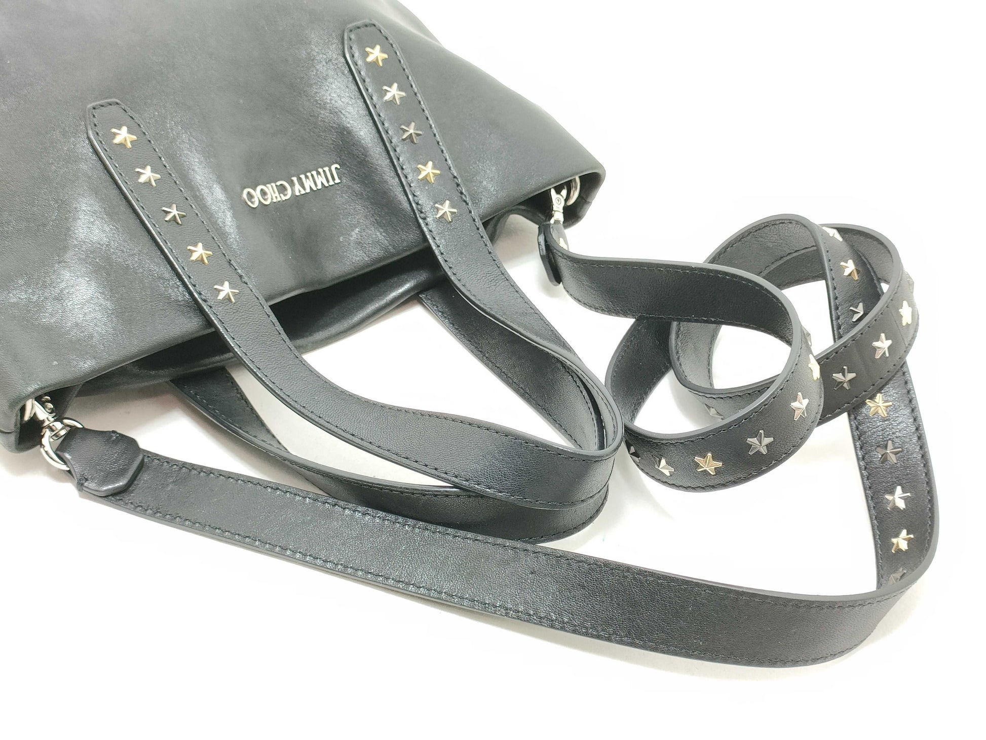 JIMMY CHOO Sophia 2-way handbag, leather, studded, black tote bag