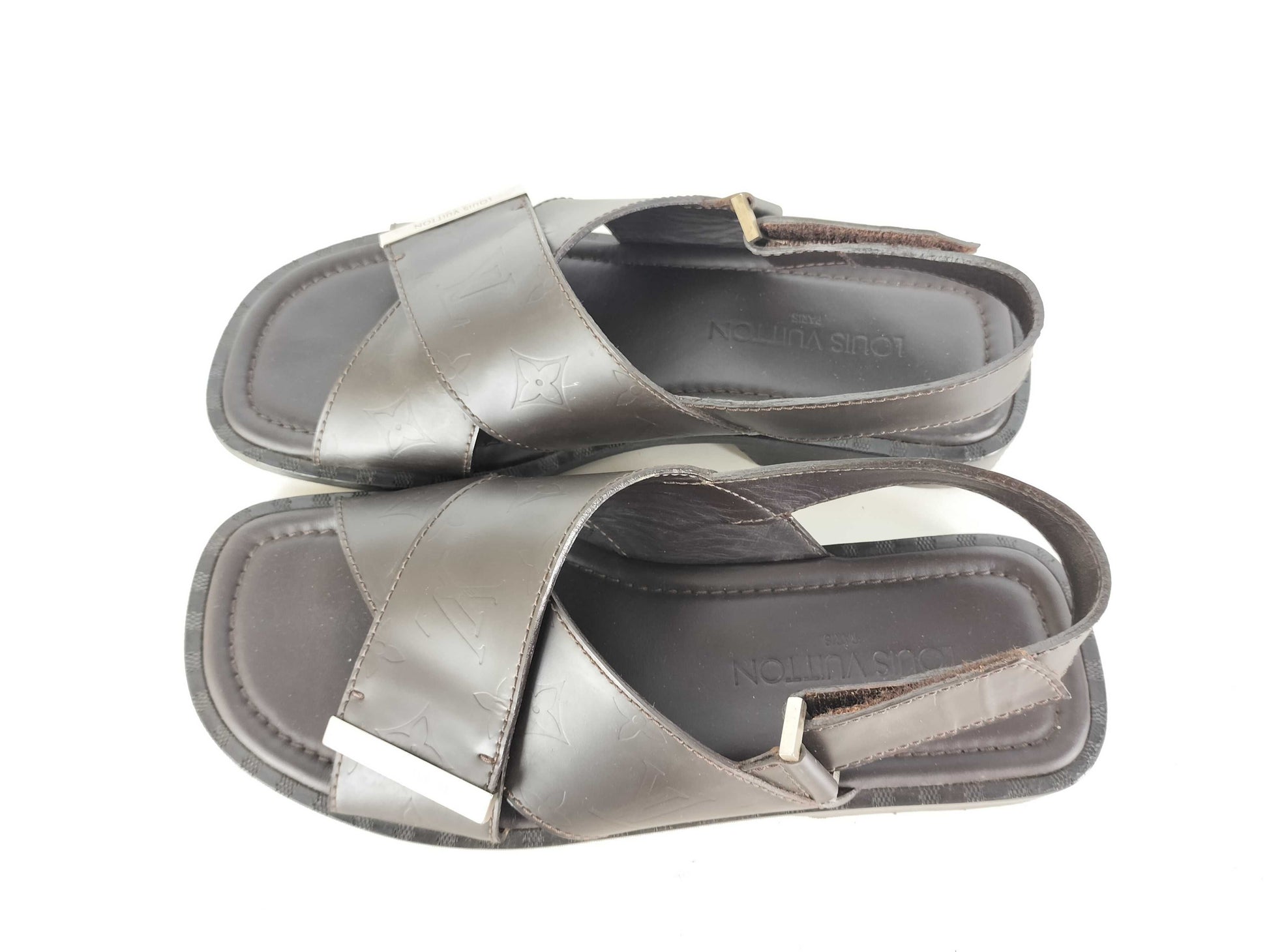 LOUIS VUITTON Leather Monogram Sandals, Size 6, MA1023