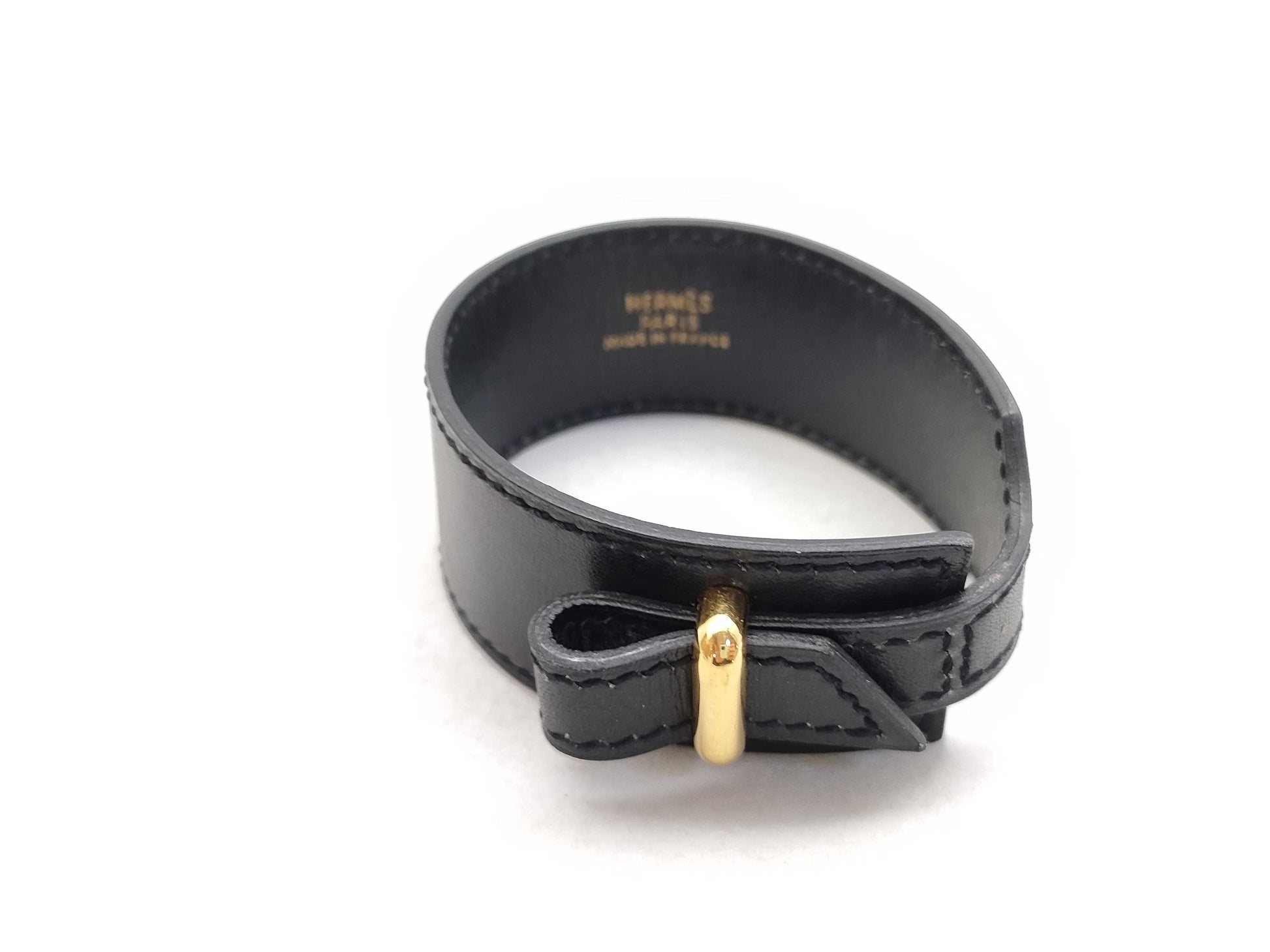 HERMES Leather Bracelet Black Bracelet Bangle