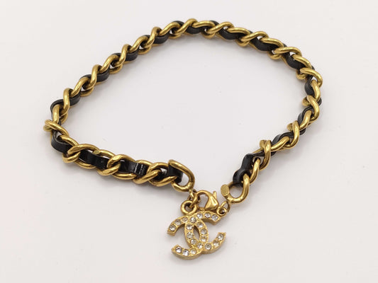 CHANEL CHANEL Bracelet 95P Coco Mark Rhinestone Leather Chain Bracelet/Bangle