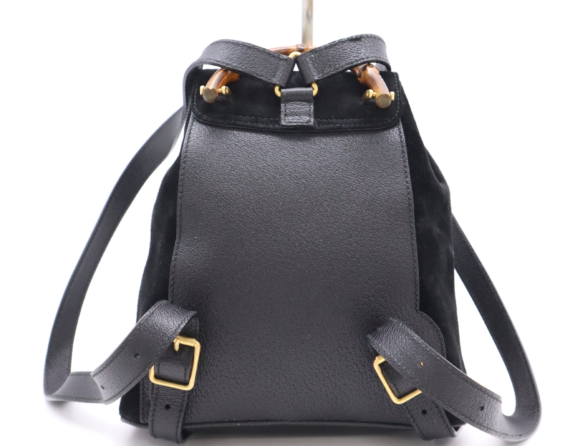 GUCCI 003・2058・0030 Leather Suede Bamboo Backpack in Black with Dust Bag
