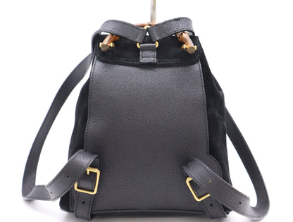 GUCCI 003・2058・0030 Leather Suede Bamboo Backpack in Black with Dust Bag