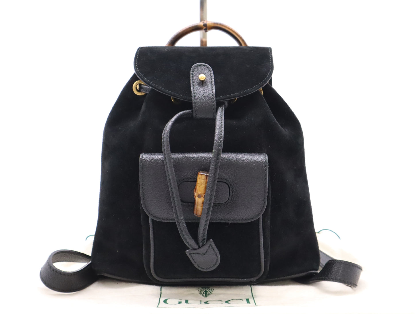 GUCCI 003・2058・0030 Leather Suede Bamboo Backpack in Black with Dust Bag