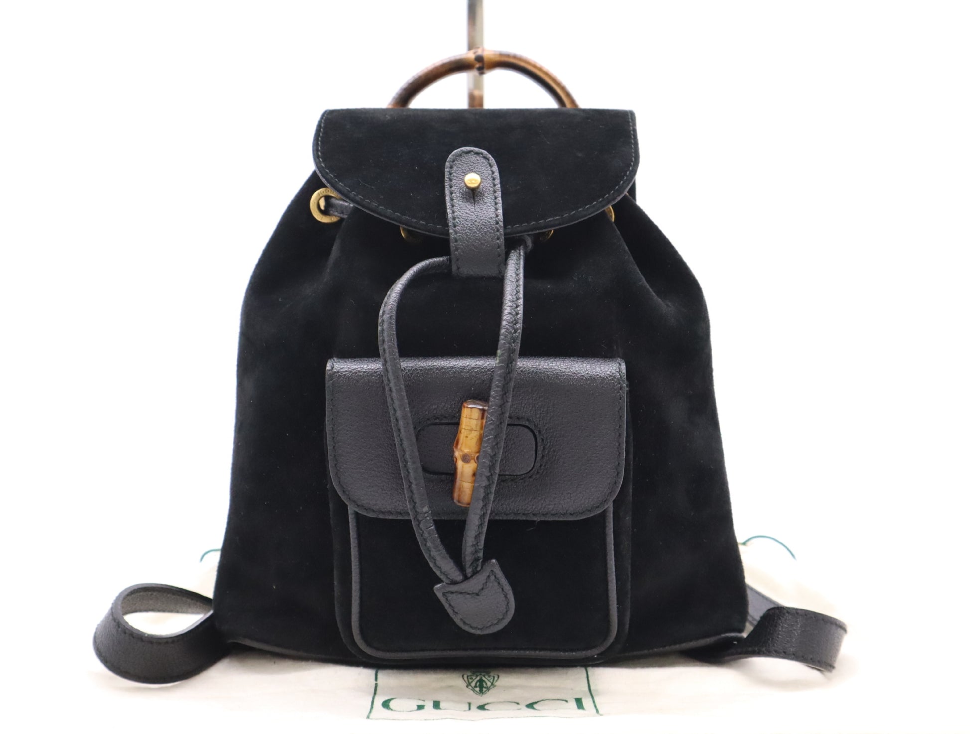 GUCCI 003・2058・0030 Leather Suede Bamboo Backpack in Black with Dust Bag
