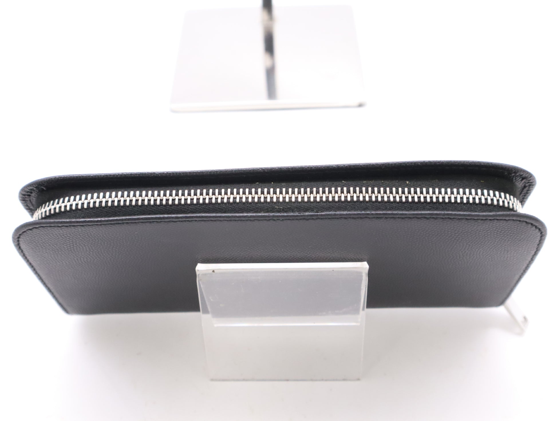 SAINT LAURENT Leather Long Wallet with Round Zipper, Black