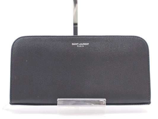 SAINT LAURENT Leather Long Wallet with Round Zipper, Black