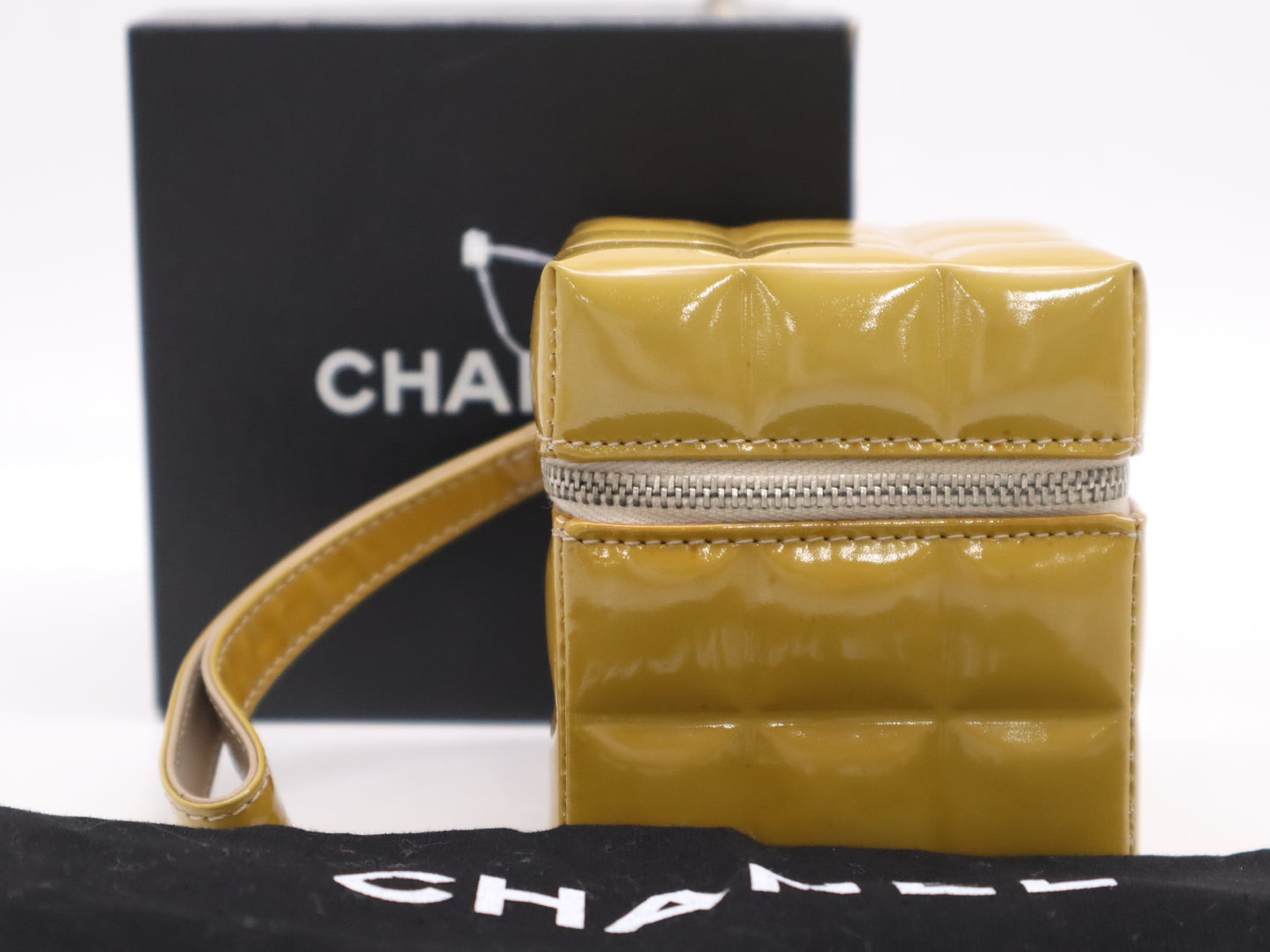 CHANEL Patent Leather Chocolate Bar Cube Pouch, Beige
