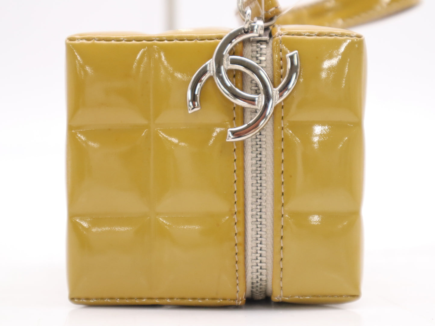 CHANEL Patent Leather Chocolate Bar Cube Pouch, Beige
