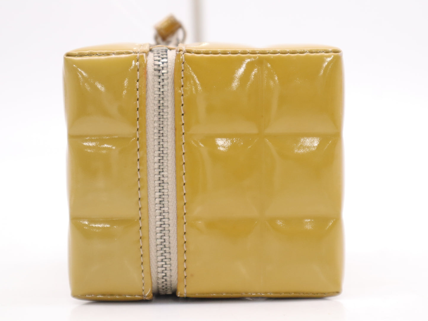 CHANEL Patent Leather Chocolate Bar Cube Pouch, Beige